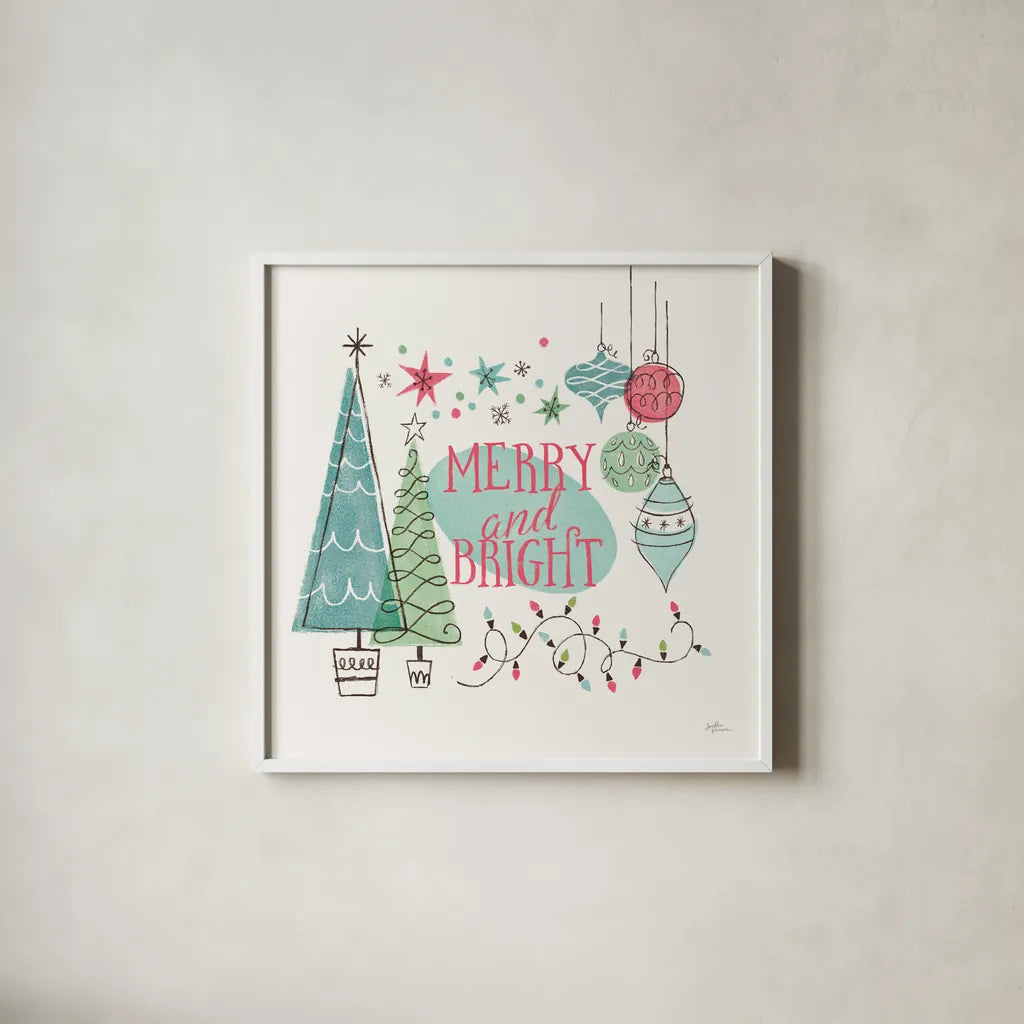 Retro Christmas II Bright by Janelle Penner. Shown in a crisp white glass frame for a clean and minimalist style. Available as an archival giclee rolled canvas, fine art paper, or poster print. SKU 66851a.
