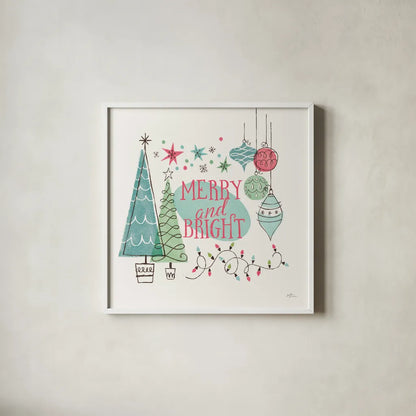 Retro Christmas II Bright by Janelle Penner. Shown in a crisp white glass frame for a clean and minimalist style. Available as an archival giclee rolled canvas, fine art paper, or poster print. SKU 66851a.