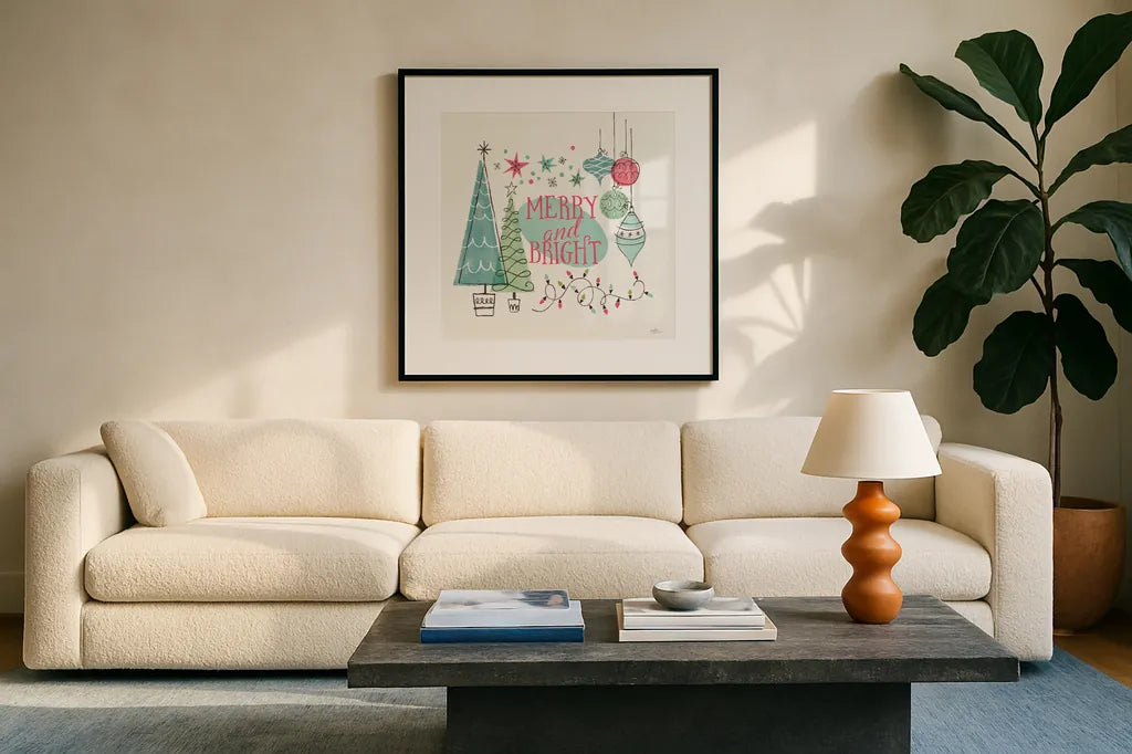 Retro Christmas II Bright by Janelle Penner. Displayed in a glass frame with matte in a clean modern living room. Available as an archival giclee rolled canvas, fine art paper, or poster print. SKU 66851a.