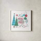 Retro Christmas II v2 by Janelle Penner. Shown in a crisp white glass frame for a clean and minimalist style. Available as an archival giclee rolled canvas, fine art paper, or poster print. SKU 37362a.