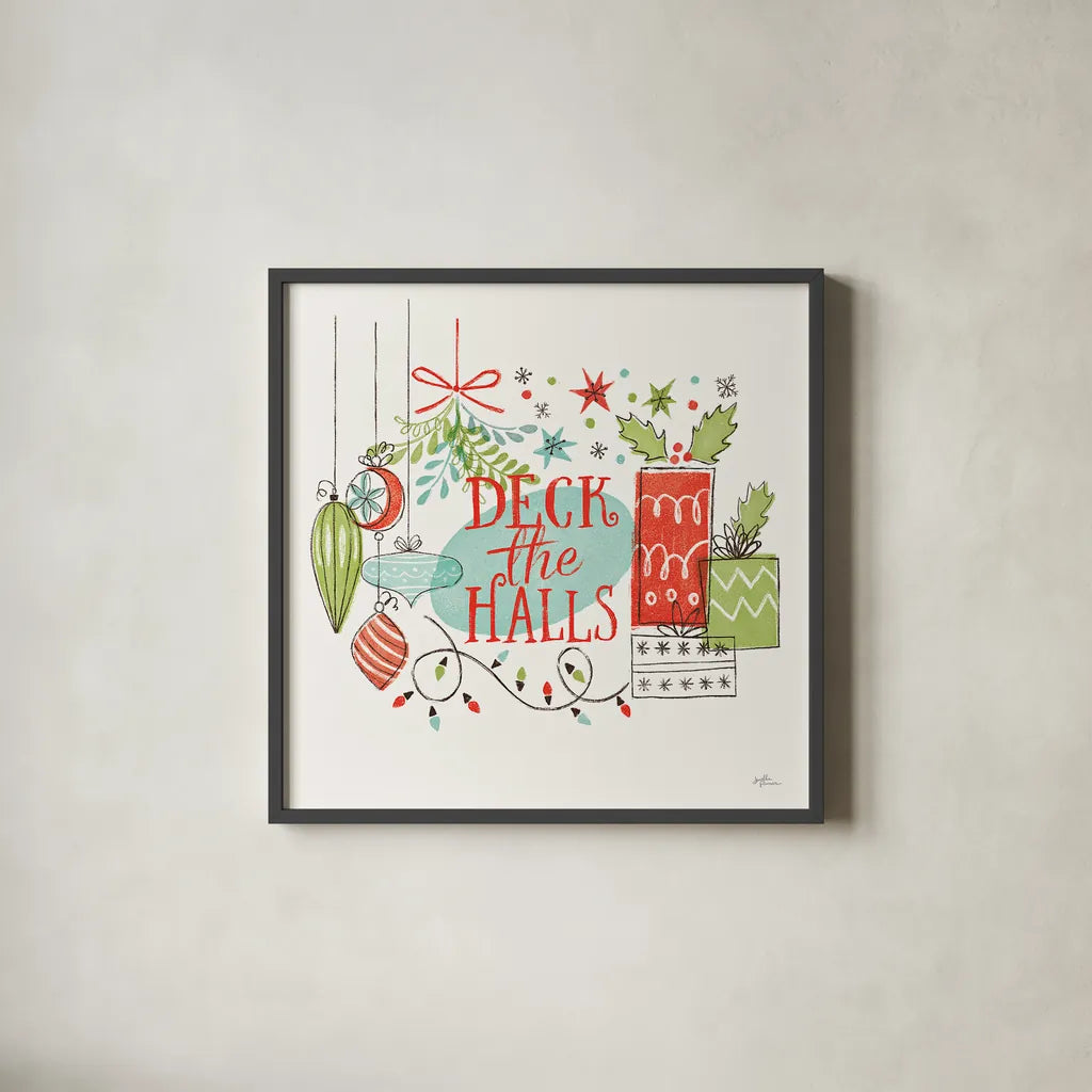 Retro Christmas III by Janelle Penner. Shown in a sleek black glass frame for a contemporary gallery look. Available as an archival giclee rolled canvas, fine art paper, or poster print. SKU 36160a.