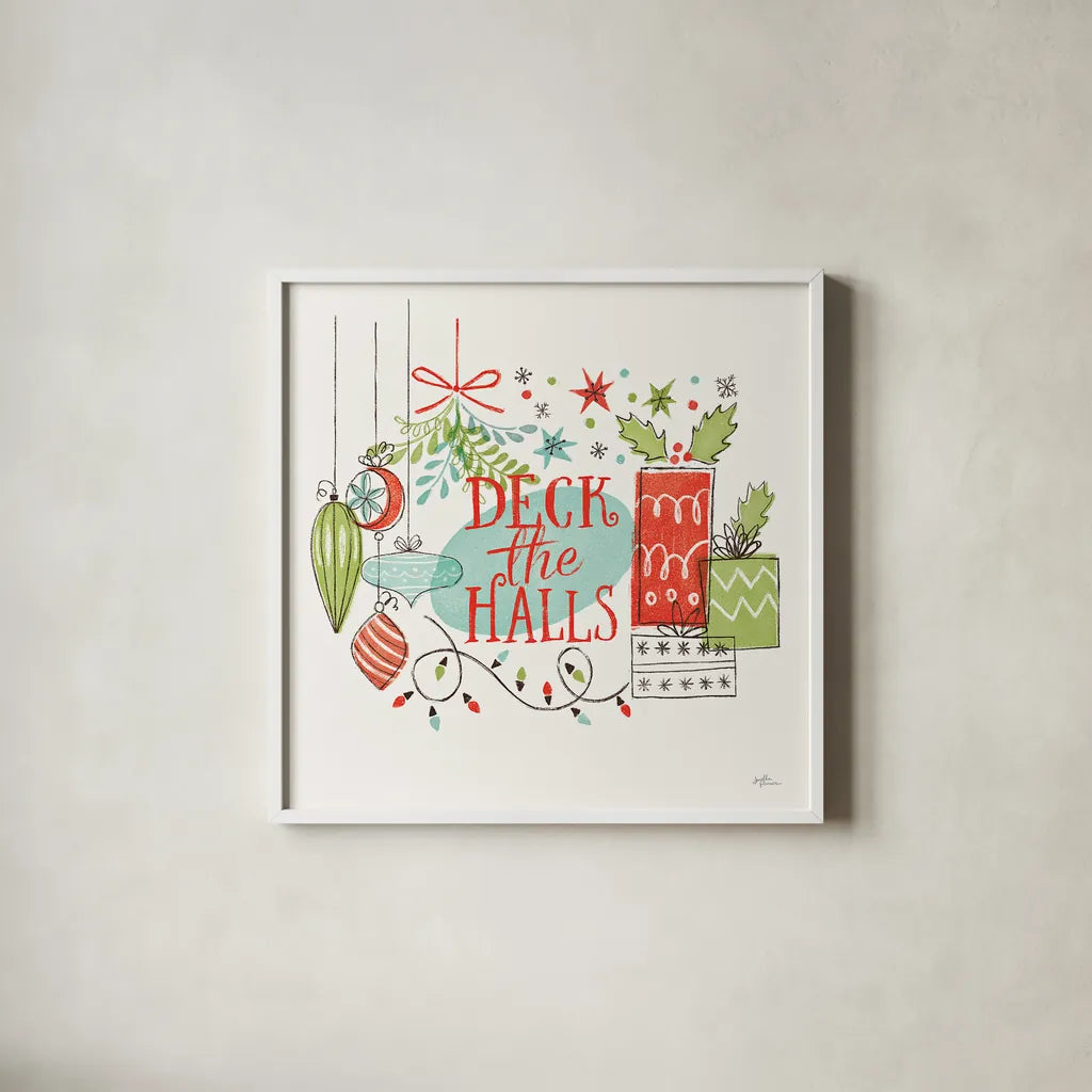 Retro Christmas III by Janelle Penner. Shown in a crisp white glass frame for a clean and minimalist style. Available as an archival giclee rolled canvas, fine art paper, or poster print. SKU 36160a.