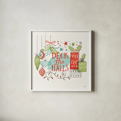 Retro Christmas III by Janelle Penner. Shown in a crisp white glass frame for a clean and minimalist style. Available as an archival giclee rolled canvas, fine art paper, or poster print. SKU 36160a.