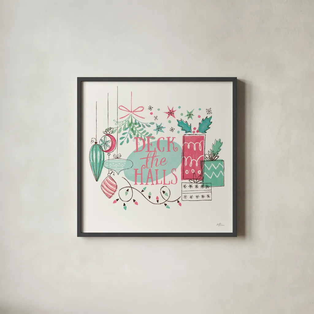 Retro Christmas III Bright by Janelle Penner. Shown in a sleek black glass frame for a contemporary gallery look. Available as an archival giclee rolled canvas, fine art paper, or poster print. SKU 66631a.