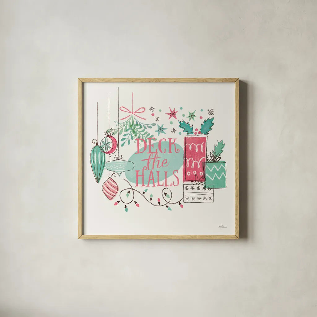 Retro Christmas III Bright by Janelle Penner. Shown in a natural wood glass frame for a timeless modern aesthetic. Available as an archival giclee rolled canvas, fine art paper, or poster print. SKU 66631a.