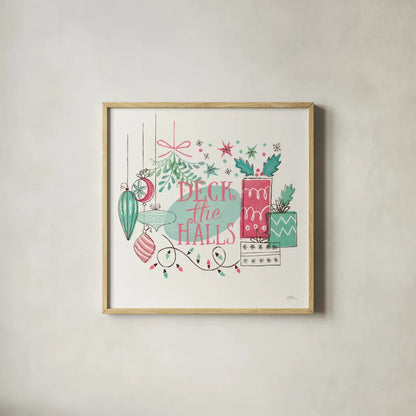 Retro Christmas III Bright by Janelle Penner. Shown in a natural wood glass frame for a timeless modern aesthetic. Available as an archival giclee rolled canvas, fine art paper, or poster print. SKU 66631a.