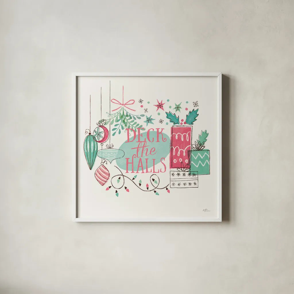 Retro Christmas III Bright by Janelle Penner. Shown in a crisp white glass frame for a clean and minimalist style. Available as an archival giclee rolled canvas, fine art paper, or poster print. SKU 66631a.