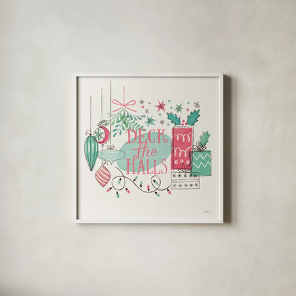 Retro Christmas III Bright by Janelle Penner. Shown in a crisp white glass frame for a clean and minimalist style. Available as an archival giclee rolled canvas, fine art paper, or poster print. SKU 66631a.