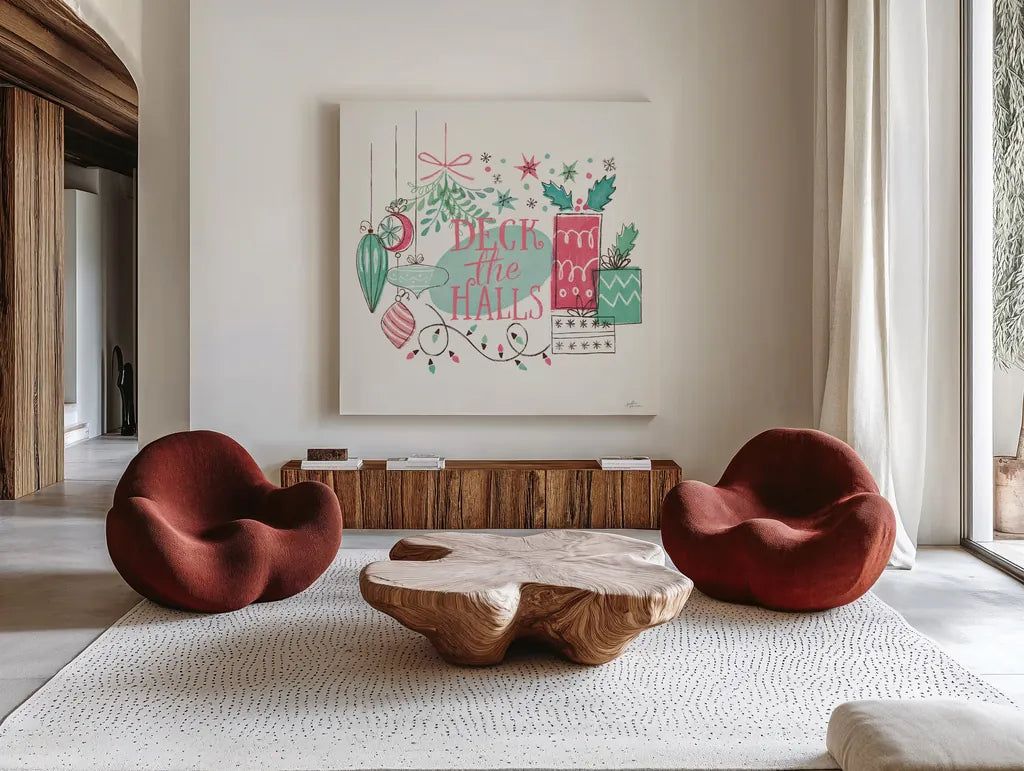 Retro Christmas III Bright by Janelle Penner. Shown as extra-large giant wall art in a modern living room. Available as an archival giclee rolled canvas, fine art paper, or poster print. SKU 66631a.