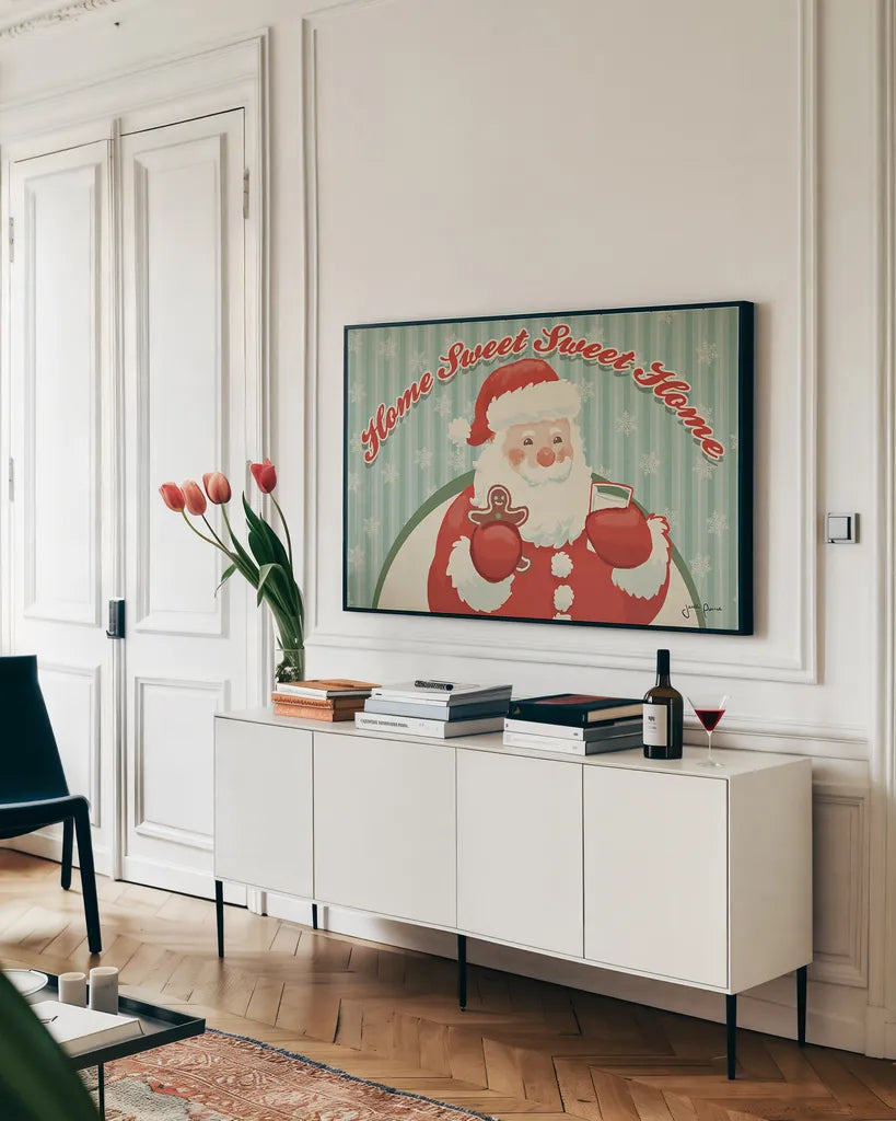 Retro Christmas V by Janelle Penner. shown as a framed stretched canvas in a living room above a console. Available as a archival giclee rolled canvas, fine art paper, or poster print. SKU 34150i.