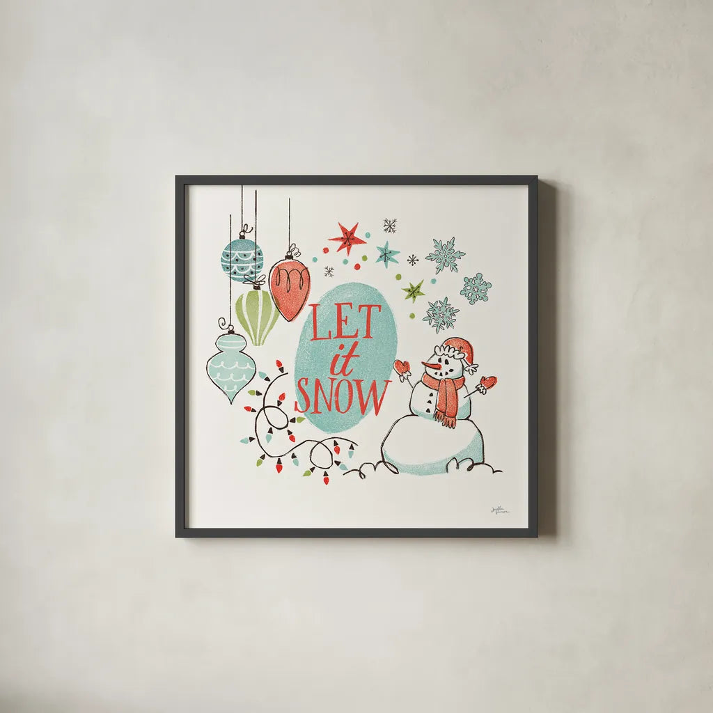 Retro Christmas V by Janelle Penner. Shown in a sleek black glass frame for a contemporary gallery look. Available as an archival giclee rolled canvas, fine art paper, or poster print. SKU 36162a.