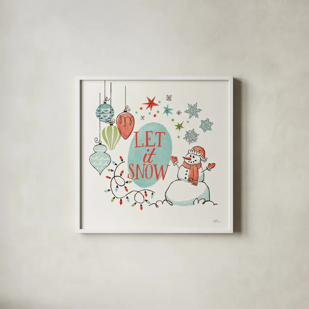 Retro Christmas V by Janelle Penner. Shown in a crisp white glass frame for a clean and minimalist style. Available as an archival giclee rolled canvas, fine art paper, or poster print. SKU 36162a.
