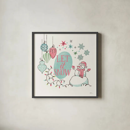 Retro Christmas V Bright by Janelle Penner. Shown in a sleek black glass frame for a contemporary gallery look. Available as an archival giclee rolled canvas, fine art paper, or poster print. SKU 66852a.
