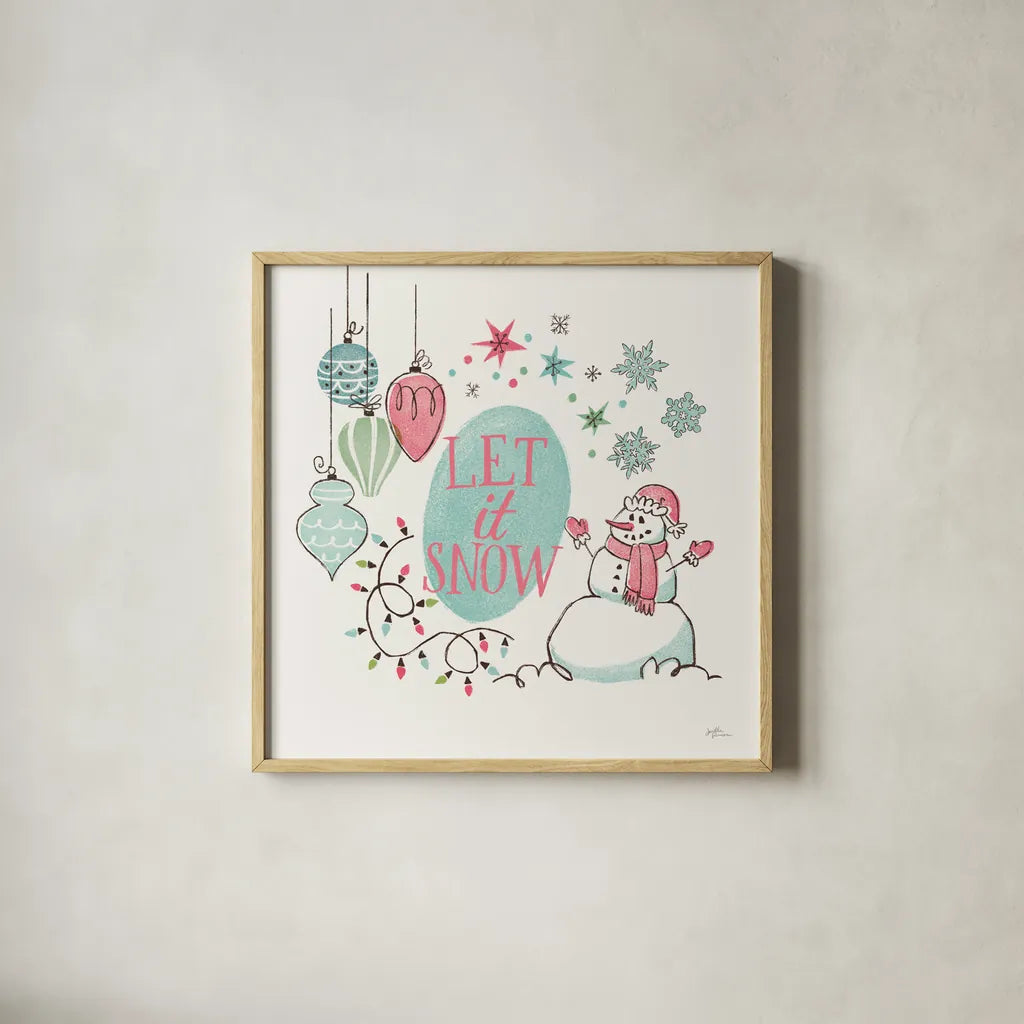 Retro Christmas V Bright by Janelle Penner. Shown in a natural wood glass frame for a timeless modern aesthetic. Available as an archival giclee rolled canvas, fine art paper, or poster print. SKU 66852a.