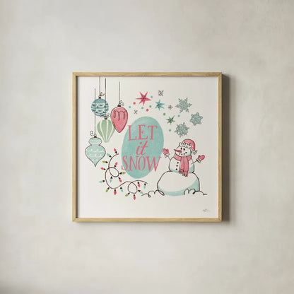 Retro Christmas V Bright by Janelle Penner. Shown in a natural wood glass frame for a timeless modern aesthetic. Available as an archival giclee rolled canvas, fine art paper, or poster print. SKU 66852a.