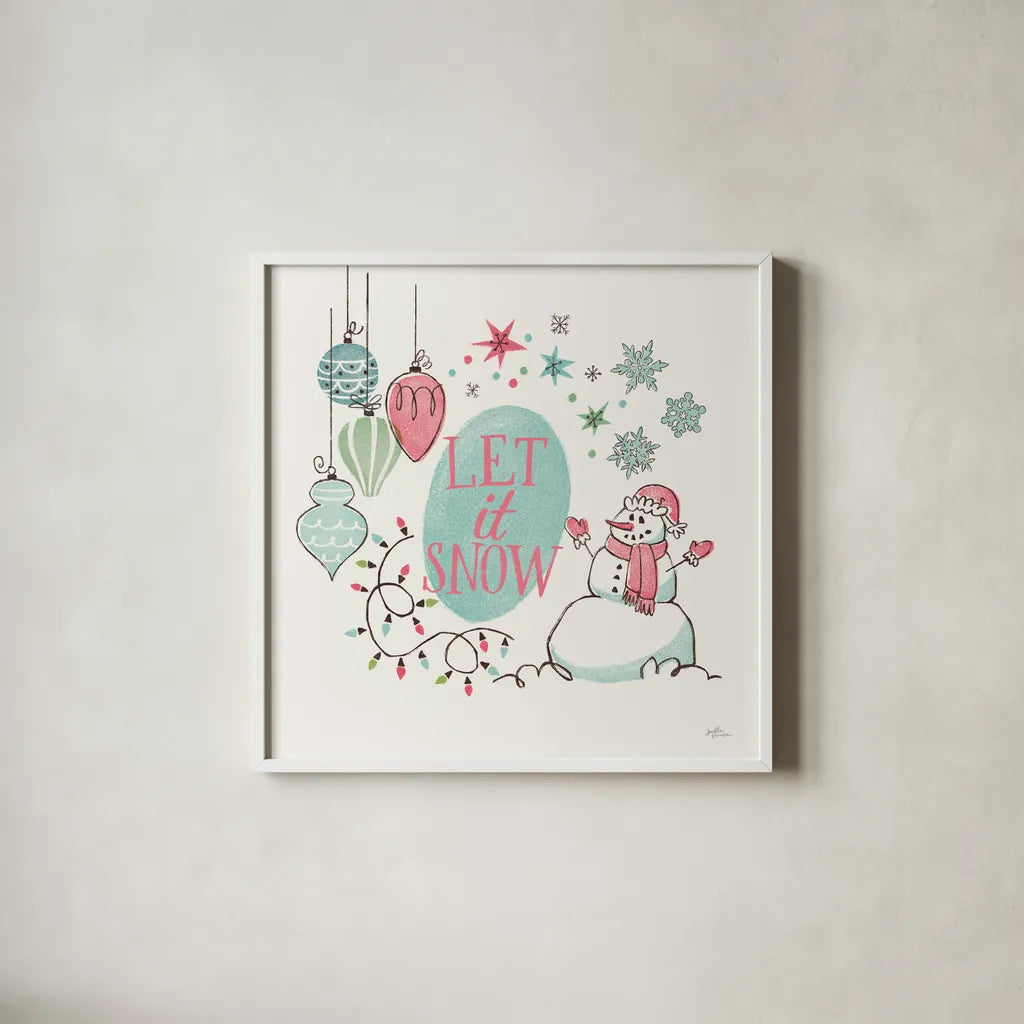 Retro Christmas V Bright by Janelle Penner. Shown in a crisp white glass frame for a clean and minimalist style. Available as an archival giclee rolled canvas, fine art paper, or poster print. SKU 66852a.