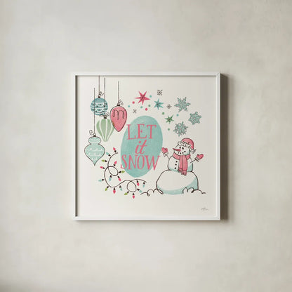 Retro Christmas V Bright by Janelle Penner. Shown in a crisp white glass frame for a clean and minimalist style. Available as an archival giclee rolled canvas, fine art paper, or poster print. SKU 66852a.