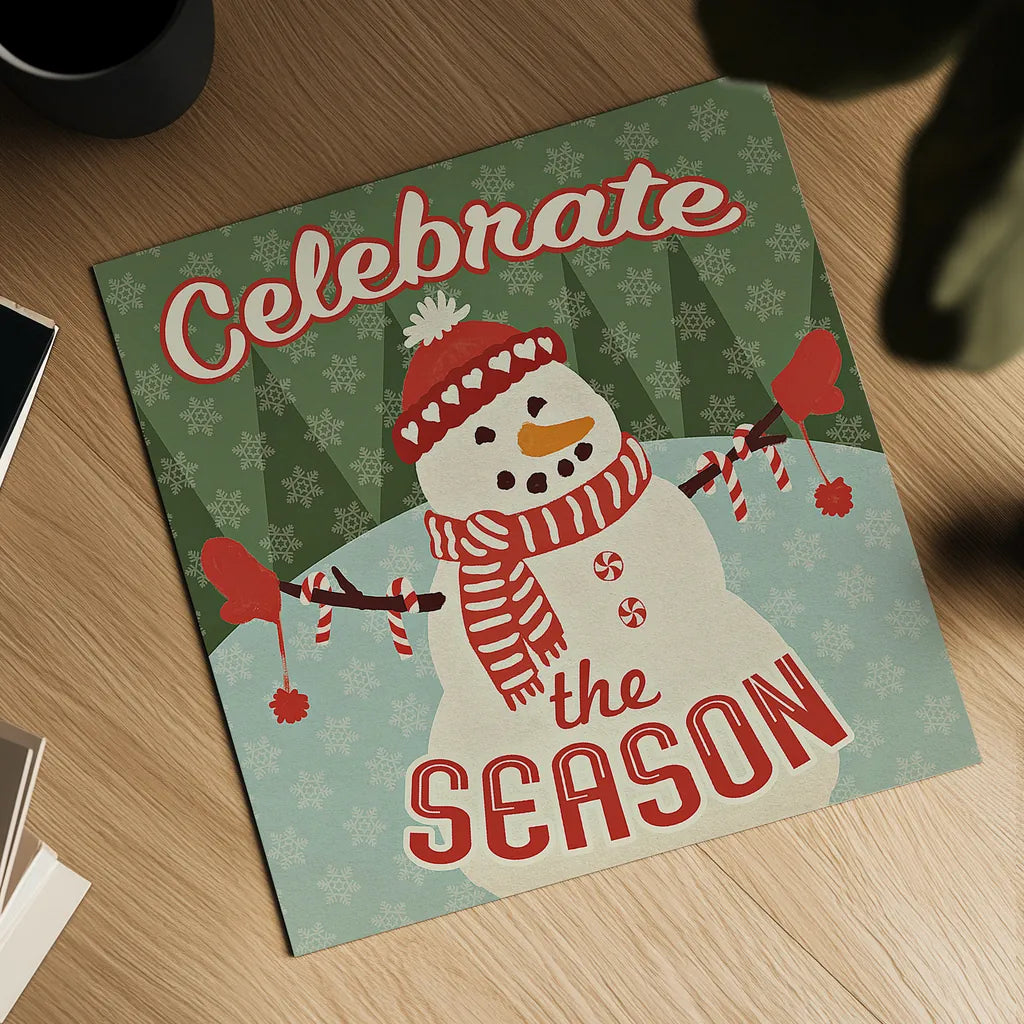 Retro Christmas VII Celebrate the Season by Janelle Penner. Shown as a detailed flat fine art print, highlighting archival giclee quality. Available as an archival giclee rolled canvas, fine art paper, or poster print. SKU 31517a.