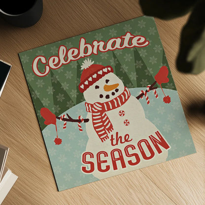 Retro Christmas VII Celebrate the Season by Janelle Penner. Shown as a detailed flat fine art print, highlighting archival giclee quality. Available as an archival giclee rolled canvas, fine art paper, or poster print. SKU 31517a.