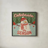 Retro Christmas VII Celebrate the Season by Janelle Penner. Shown in a sleek black glass frame for a contemporary gallery look. Available as an archival giclee rolled canvas, fine art paper, or poster print. SKU 31517a.