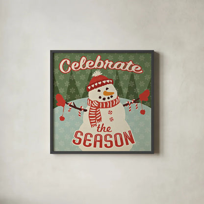 Retro Christmas VII Celebrate the Season by Janelle Penner. Shown in a sleek black glass frame for a contemporary gallery look. Available as an archival giclee rolled canvas, fine art paper, or poster print. SKU 31517a.