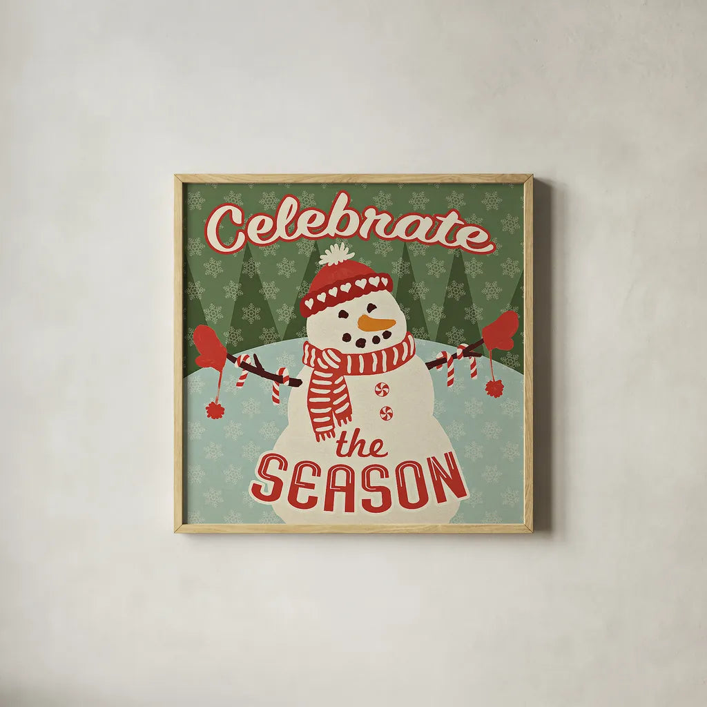 Retro Christmas VII Celebrate the Season by Janelle Penner. Shown in a natural wood glass frame for a timeless modern aesthetic. Available as an archival giclee rolled canvas, fine art paper, or poster print. SKU 31517a.