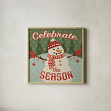 Retro Christmas VII Celebrate the Season by Janelle Penner. Shown in a natural wood glass frame for a timeless modern aesthetic. Available as an archival giclee rolled canvas, fine art paper, or poster print. SKU 31517a.