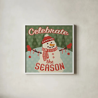Retro Christmas VII Celebrate the Season by Janelle Penner. Shown in a crisp white glass frame for a clean and minimalist style. Available as an archival giclee rolled canvas, fine art paper, or poster print. SKU 31517a.