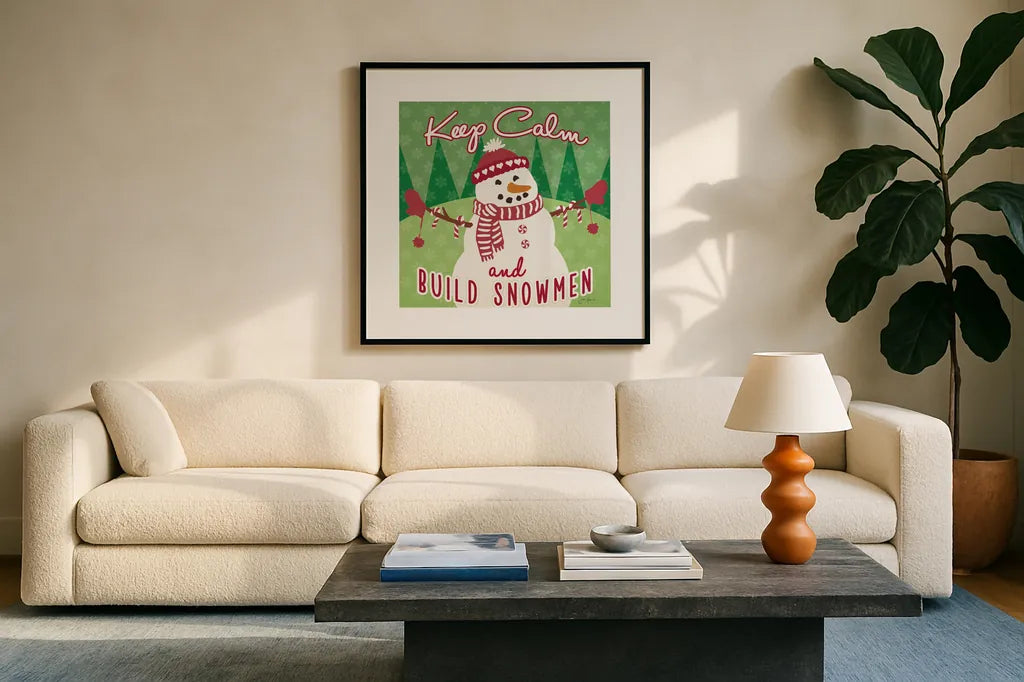 Retro Christmas VII Green by Janelle Penner. Displayed in a glass frame with matte in a clean modern living room. Available as an archival giclee rolled canvas, fine art paper, or poster print. SKU 57805a.