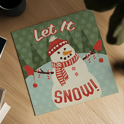 Retro Christmas VII Let It Snow by Janelle Penner. Shown as a detailed flat fine art print, highlighting archival giclee quality. Available as an archival giclee rolled canvas, fine art paper, or poster print. SKU 31525a.