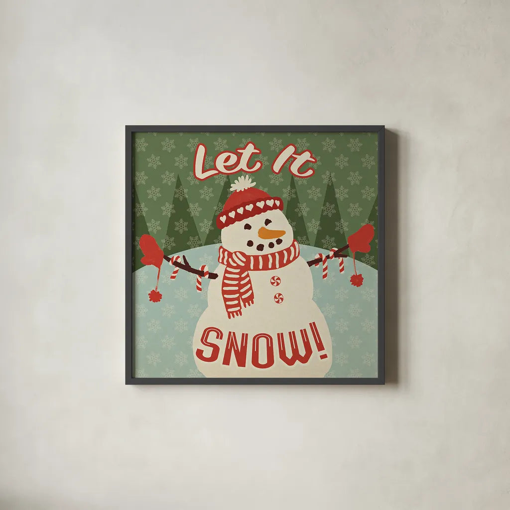 Retro Christmas VII Let It Snow by Janelle Penner. Shown in a sleek black glass frame for a contemporary gallery look. Available as an archival giclee rolled canvas, fine art paper, or poster print. SKU 31525a.