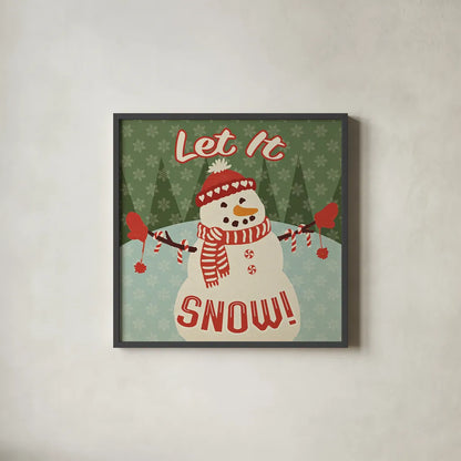 Retro Christmas VII Let It Snow by Janelle Penner. Shown in a sleek black glass frame for a contemporary gallery look. Available as an archival giclee rolled canvas, fine art paper, or poster print. SKU 31525a.