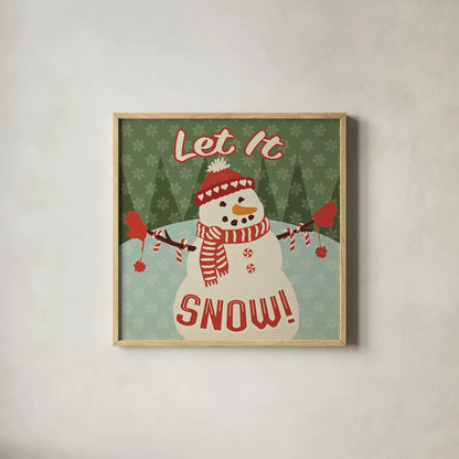 Retro Christmas VII Let It Snow by Janelle Penner. Shown in a natural wood glass frame for a timeless modern aesthetic. Available as an archival giclee rolled canvas, fine art paper, or poster print. SKU 31525a.