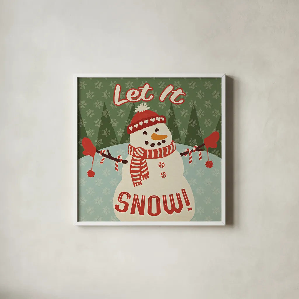 Retro Christmas VII Let It Snow by Janelle Penner. Shown in a crisp white glass frame for a clean and minimalist style. Available as an archival giclee rolled canvas, fine art paper, or poster print. SKU 31525a.