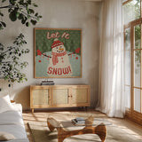 Retro Christmas VII Let It Snow by Janelle Penner. Shown in a natural wood frame in a cozy modern living room. Available as an archival giclee rolled canvas, fine art paper, or poster print. SKU 31525a.