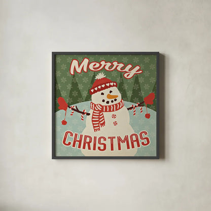 Retro Christmas VII Merry Christmas by Janelle Penner. Shown in a sleek black glass frame for a contemporary gallery look. Available as an archival giclee rolled canvas, fine art paper, or poster print. SKU 31516a.