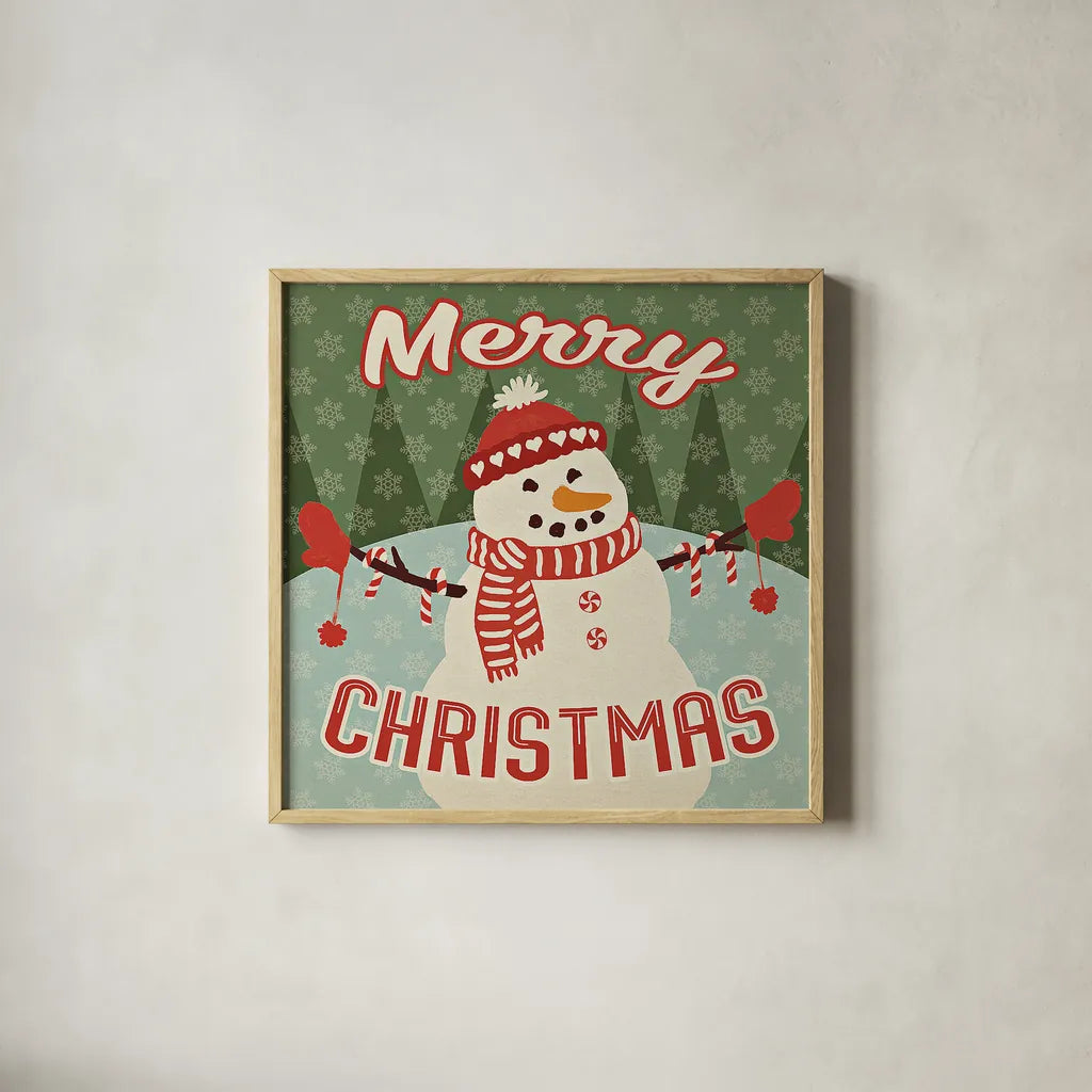 Retro Christmas VII Merry Christmas by Janelle Penner. Shown in a natural wood glass frame for a timeless modern aesthetic. Available as an archival giclee rolled canvas, fine art paper, or poster print. SKU 31516a.