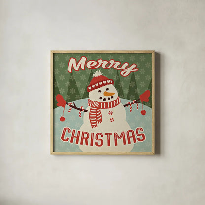 Retro Christmas VII Merry Christmas by Janelle Penner. Shown in a natural wood glass frame for a timeless modern aesthetic. Available as an archival giclee rolled canvas, fine art paper, or poster print. SKU 31516a.