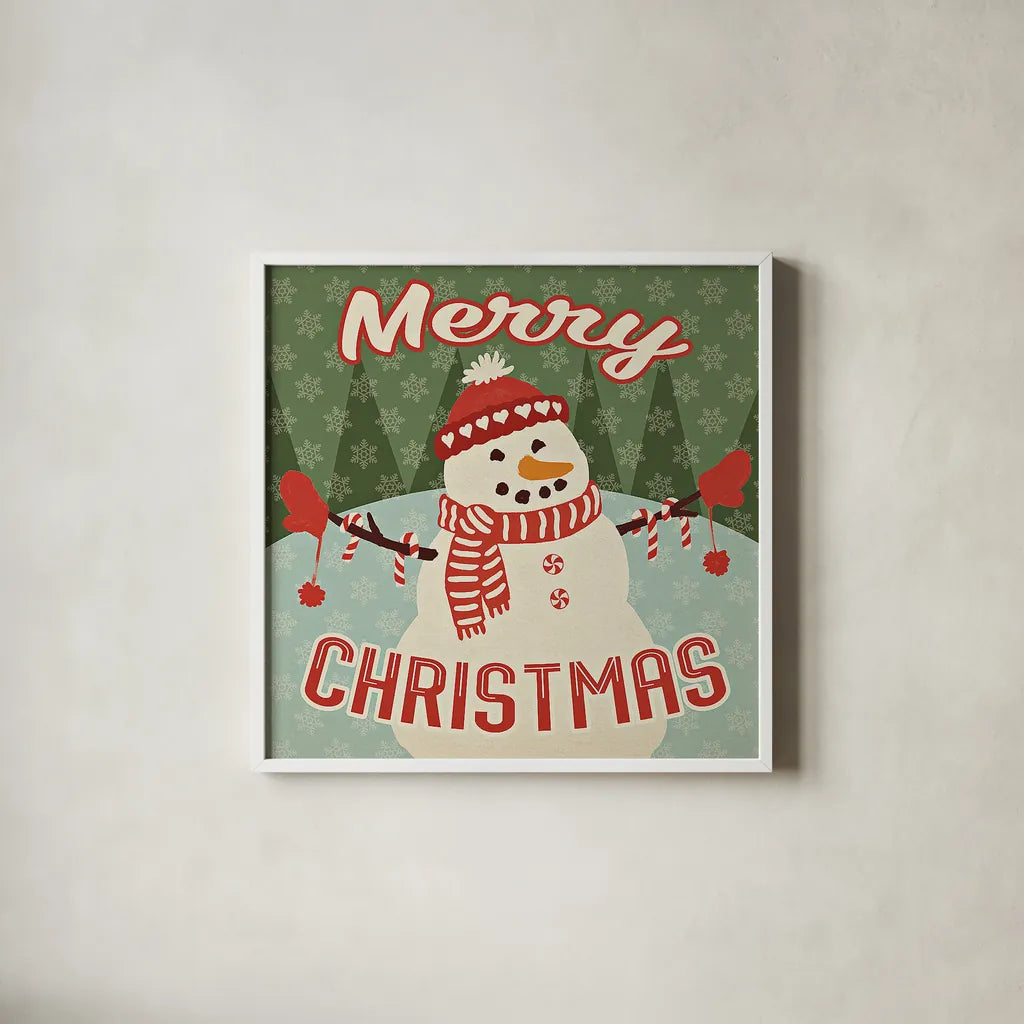 Retro Christmas VII Merry Christmas by Janelle Penner. Shown in a crisp white glass frame for a clean and minimalist style. Available as an archival giclee rolled canvas, fine art paper, or poster print. SKU 31516a.