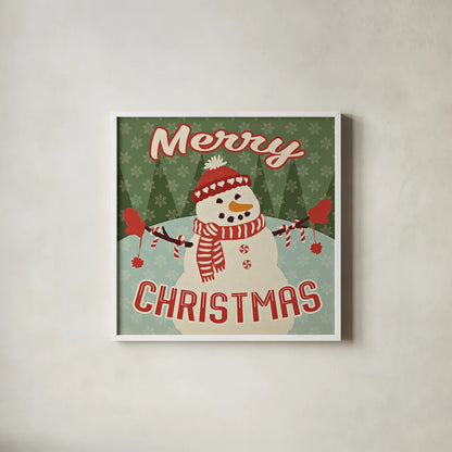 Retro Christmas VII Merry Christmas by Janelle Penner. Shown in a crisp white glass frame for a clean and minimalist style. Available as an archival giclee rolled canvas, fine art paper, or poster print. SKU 31516a.
