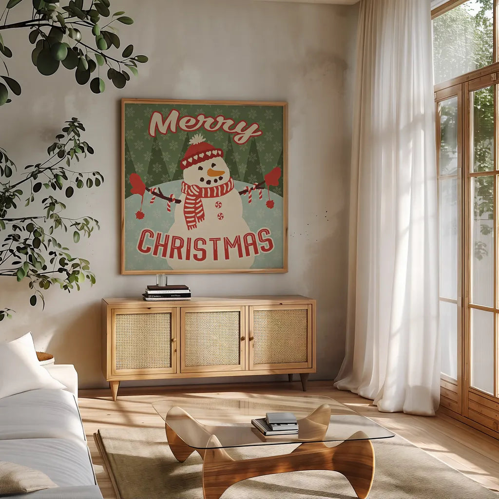 Retro Christmas VII Merry Christmas by Janelle Penner. Shown in a natural wood frame in a cozy modern living room. Available as an archival giclee rolled canvas, fine art paper, or poster print. SKU 31516a.