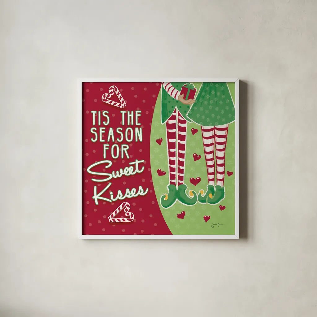 Retro Christmas VIII Green by Janelle Penner. Shown in a crisp white glass frame for a clean and minimalist style. Available as an archival giclee rolled canvas, fine art paper, or poster print. SKU 57806a.