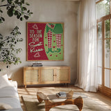 Retro Christmas VIII Green by Janelle Penner. Shown in a natural wood frame in a cozy modern living room. Available as an archival giclee rolled canvas, fine art paper, or poster print. SKU 57806a.
