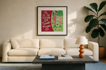 Retro Christmas VIII Green by Janelle Penner. Displayed in a glass frame with matte in a clean modern living room. Available as an archival giclee rolled canvas, fine art paper, or poster print. SKU 57806a.