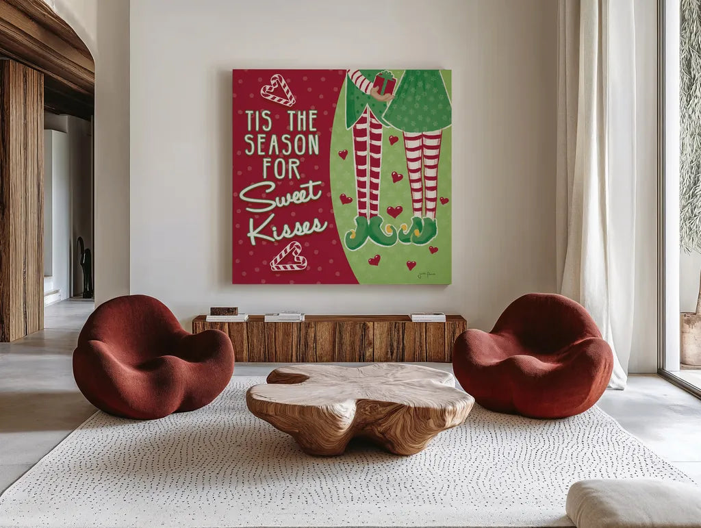 Retro Christmas VIII Green by Janelle Penner. Shown as extra-large giant wall art in a modern living room. Available as an archival giclee rolled canvas, fine art paper, or poster print. SKU 57806a.