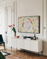 Retro Garden I by Janelle Penner. shown as a framed stretched canvas in a living room above a console. Available as a archival giclee rolled canvas, fine art paper, or poster print. SKU 34949i.