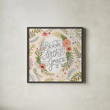 Retro Garden II - Bloom with Grace Pale Blush by Janelle Penner. Shown in a sleek black glass frame for a contemporary gallery look. Available as an archival giclee rolled canvas, fine art paper, or poster print. SKU 47195a.