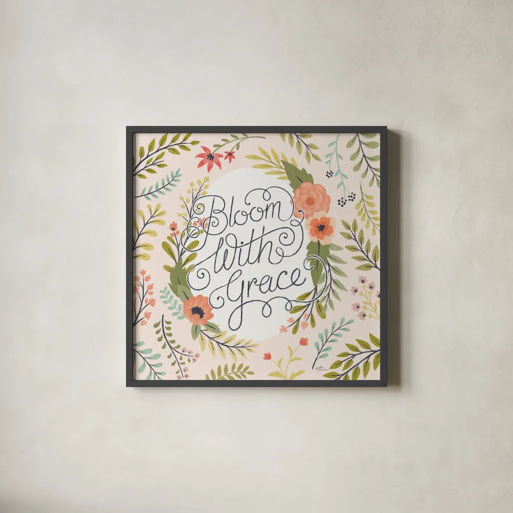 Retro Garden II - Bloom with Grace Pale Blush by Janelle Penner. Shown in a sleek black glass frame for a contemporary gallery look. Available as an archival giclee rolled canvas, fine art paper, or poster print. SKU 47195a.