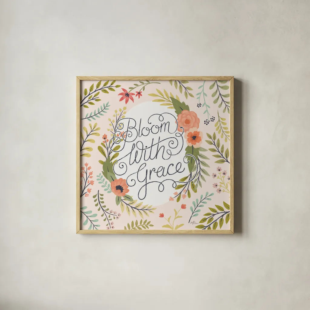 Retro Garden II - Bloom with Grace Pale Blush by Janelle Penner. Shown in a natural wood glass frame for a timeless modern aesthetic. Available as an archival giclee rolled canvas, fine art paper, or poster print. SKU 47195a.