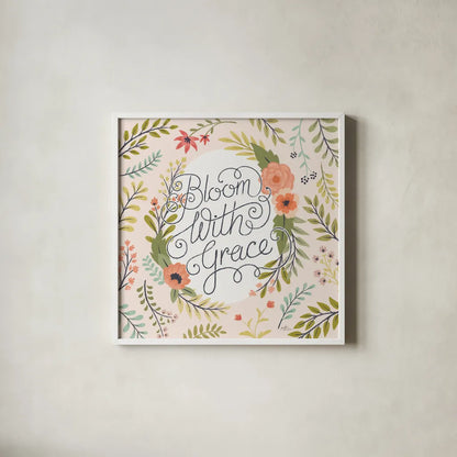 Retro Garden II - Bloom with Grace Pale Blush by Janelle Penner. Shown in a crisp white glass frame for a clean and minimalist style. Available as an archival giclee rolled canvas, fine art paper, or poster print. SKU 47195a.